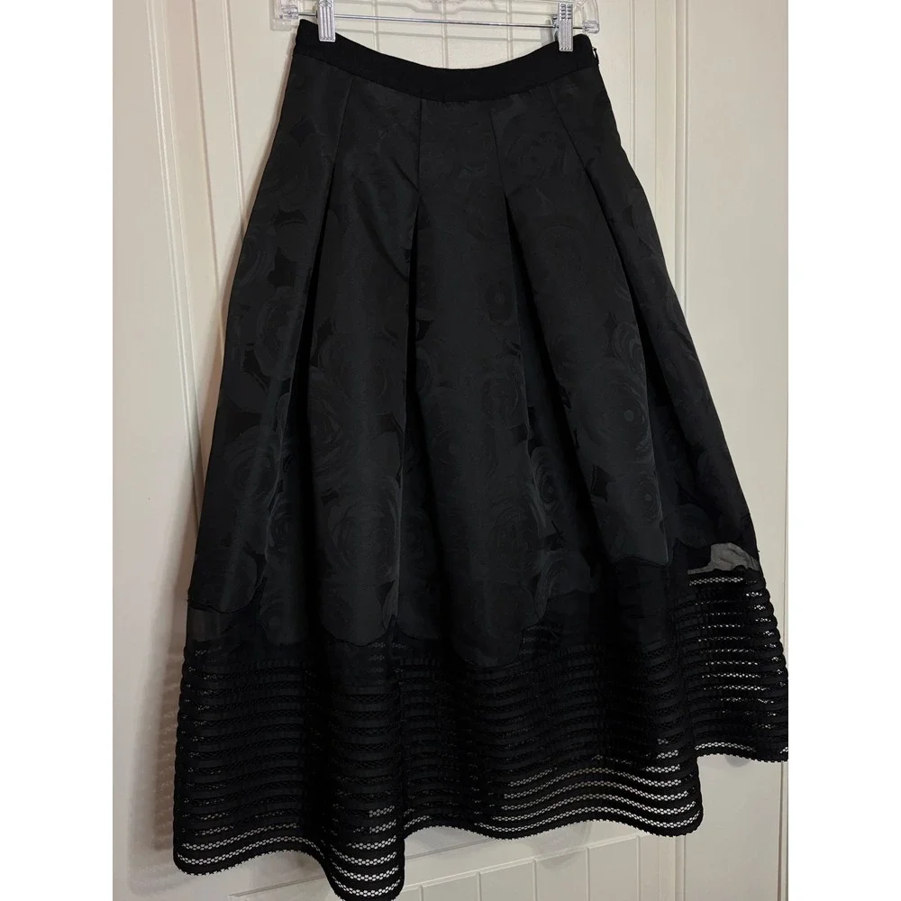 Sachin + Babi  Black Floral Jacquard Midi Skirt Mesh Hem Quiet Luxury Silk 4